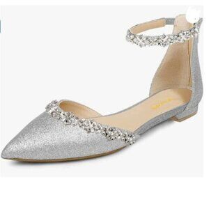 XYD Women Classic Pointed Toe Wedding Flat Sandals Sparkly Rhinestones Silver